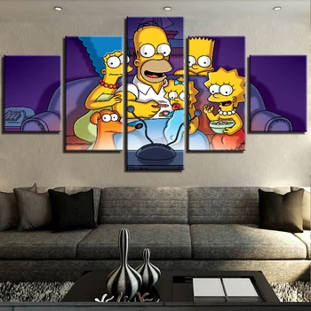 Arte de pared con Marco de Fotos De 5 Piezas de los Simpsons, la TELEVISIÓN en la Noche de Anime Pintura en tela, Decoración del Hogar/del Salón/Dormitorio HD Imprime Carteles