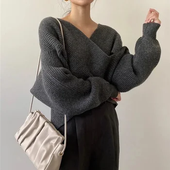 Una Pieza Suéter Tops de Mujer 2020 Otoño Invierno de la Moda V-Cuello la Cruz de LA Mujer Suéter de Puentes Oversize Corea Jerséis de Punto