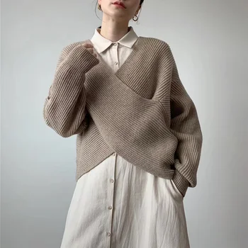 Una Pieza Suéter Tops de Mujer 2020 Otoño Invierno de la Moda V-Cuello la Cruz de LA Mujer Suéter de Puentes Oversize Corea Jerséis de Punto