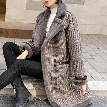 Las Mujeres de la moda de la tela Escocesa de Lana Abrigos Sueltos Otoño Invierno Cálido Casual de Imitación de piel de cordero de Cachemira Mezclas de 2020 Chaquetas Parkas ropa de Abrigo WJ116