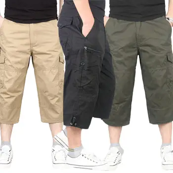 Los Hombres De Color Sólido Transpirable Bolsillo Suelto Recta Capri Recortada Pantalones Pantalones Casuales Pantalones De Talla Plus