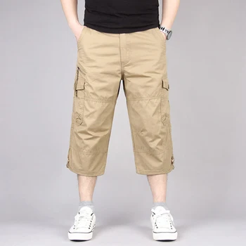 Los Hombres De Color Sólido Transpirable Bolsillo Suelto Recta Capri Recortada Pantalones Pantalones Casuales Pantalones De Talla Plus