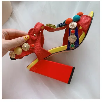 Colorido Pom-pom Adornado Sandalias de Tacón de Bohemia Zapatos de las Mujeres