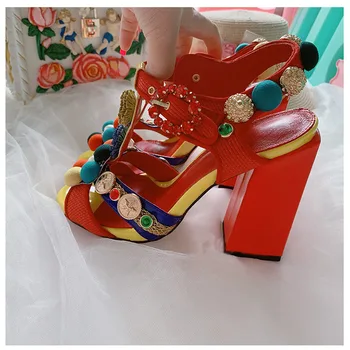 Colorido Pom-pom Adornado Sandalias de Tacón de Bohemia Zapatos de las Mujeres