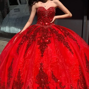 Rojo Dulce 16 Vestido De Quinceañera Con Lentejuelas Brillantes Concurso De Encaje Vestido De Fiesta Vestido De Bola Chica Mexicana De Cumpleaños Vestido De