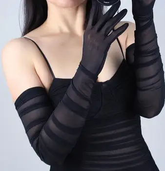 Las mujeres de la Moda de Doblado Blanco Negro Color de la Malla Larga Guante de Mujer Sexy Elegante de la Vendimia de la Pantalla Táctil de Largo Guante protector solar