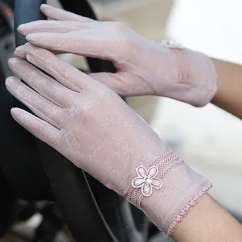 Sol guantes de protección antideslizante de encaje de hielo de seda, guantes femeninos sección delgada de verano anti-UV de la pantalla táctil de conducción corto guantes 03K