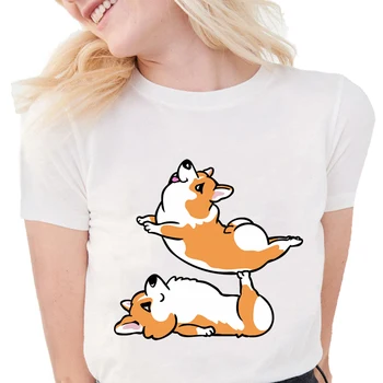 Corgi Perro de Impresión de la Camiseta de las Mujeres Tops 2020 Kawaii Perros Impreso Camisetas Divertidas Hauts Vetement Femme 90 Ulzzang Harajuku Top Blanco