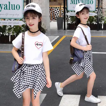 Las niñas Camiseta Blanca Falda a Cuadros de Traje para Niños Ropa de Verano de las Niñas Trajes de las Niñas Adolescentes Conjunto de Ropa de Niños Ropa De 8 A 10 Años