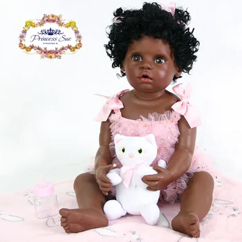 La princesa sue nueva 55cm de piel negra llena de silicona de simulación bebé recién nacido niña con hermosa ropa de color rosa de silicona muñecas del bebé reborn