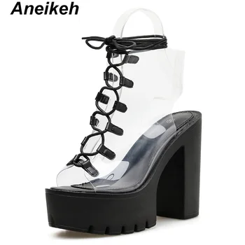 Aneikeh 2019 Ocio PVC Sandalias de las Mujeres Zapatos de Plataforma-Up de Encaje Transparente Plaza Tacones Peep Toe de Verano Casual Negro, Talla 40
