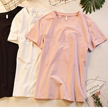 Camiseta de las Mujeres Más el Tamaño de la Nueva camisetas de mujer 2019 de la Moda Vintage de Verano Camisetas de Algodón Mujeres del O-cuello de Manga Corta Tops 5 Colores