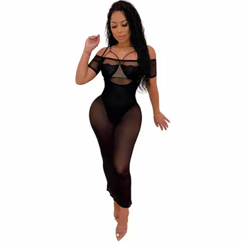 Las mujeres de Negro de Pura Vestido de Malla Sexy Club de Noche Vestidos de Fuera del Hombro de Ver a Través de Tobillo-longitud de la Parte Larga Exóticos Vestidos de Mujer
