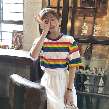 Arco iris de Rayas Camiseta Camiseta Top Casual de la Mujer T-camisa de Verano de Manga Corta Tops Sueltos