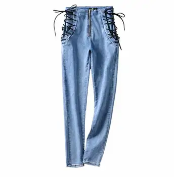 2020 Vintage Flaco Cremallera de Cintura Alta de la Cruz Cordón pantalones Vaqueros de las Mujeres Slim Fit Pantalones de Denim Stretch de Longitud Completa de Mezclilla Ajustados Pantalones