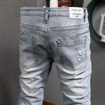 Recientemente El Diseñador De Los Hombres De La Moda De Jeans Retro Luz Azul Elástico Slim Fit Arrancó De Mezclilla Lápiz Pantalones De Estilo Coreano Diseñador Pantalones Masculinos