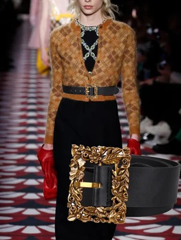 KASURE Estilo Lujo Cinturones para Mujer de Oro de la Flor de Metal Hebilla de Cinturón de Mujer con el Orificio de la Parte del Vestido de la Correa de Oro de la PU de la Cintura con la Faja