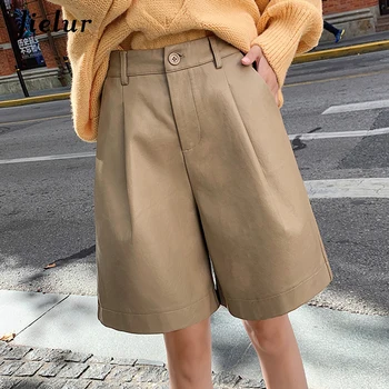 Jielur Moda Suelto de Cintura Alta pantalones Cortos Básico S-3XL de la PU de Cuero de Imitación Oversize Mujer de Negro de la temporada Otoño-Invierno de la Mujer pantalones Cortos de 2021 Nuevo