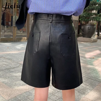 Jielur Moda Suelto de Cintura Alta pantalones Cortos Básico S-3XL de la PU de Cuero de Imitación Oversize Mujer de Negro de la temporada Otoño-Invierno de la Mujer pantalones Cortos de 2021 Nuevo