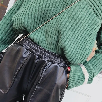 Pantalones cortos de las Mujeres de Cuero de la PU Suelto Versión coreana de Elástico en la Cintura Casual Fuera para Mujer de la Moda de Todo-partido de las Señoras del Color Sólido con Bolsillos