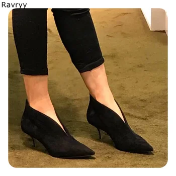 De Moda de lujo negro de gamuza de las Mujeres de tacón de mujer Botas de Tobillo Slip-en los Tacones de Punta del Dedo del pie en forma de V abierta la línea única de diseño de zapatos