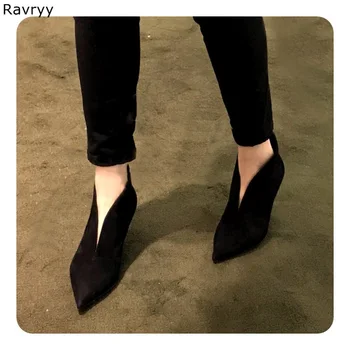 De Moda de lujo negro de gamuza de las Mujeres de tacón de mujer Botas de Tobillo Slip-en los Tacones de Punta del Dedo del pie en forma de V abierta la línea única de diseño de zapatos