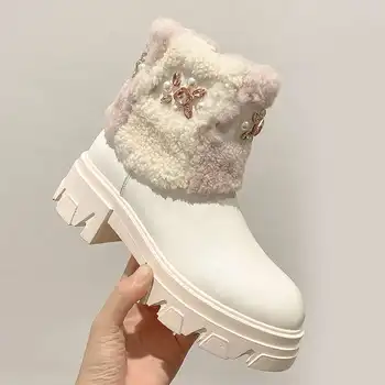 Krazing bote de cuero de vaca de lana de oveja dedo del pie redondo grueso inferior de botas para la nieve de invierno, mantener caliente rhinestone de la perla preciosa de tobillo botas L82