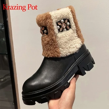 Krazing bote de cuero de vaca de lana de oveja dedo del pie redondo grueso inferior de botas para la nieve de invierno, mantener caliente rhinestone de la perla preciosa de tobillo botas L82