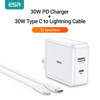 ESR 30W PD Cargador+30W Tipo C a Lightning Cable de Alimentación de Entrega Rápida Enchufe del Cargador USB C EP Cargador de 5V Imf Cable para el iPhone iPad