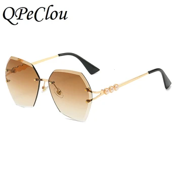 QPeClou 2020 Sin Montura Polígono De Gafas De Sol De Las Mujeres Retro De Lujo Perlas Gafas De Sol De Mujer De Moda De Metal Tonos Degradados Oculos De Sol