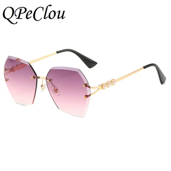 QPeClou 2020 Sin Montura Polígono De Gafas De Sol De Las Mujeres Retro De Lujo Perlas Gafas De Sol De Mujer De Moda De Metal Tonos Degradados Oculos De Sol