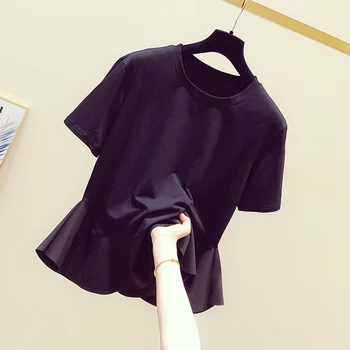 Verano Negro de la Camiseta para las Mujeres Nuevo Temperamento coreano Empalme Flounced el Dobladillo de la camiseta de Manga Corta de Mujer de Moda Casual Tops Camiseta