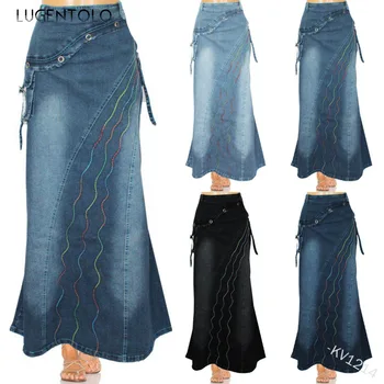 Lugentolo 2020 las Mujeres del Arte Retro de la Falda de la Costura de Gran Oscilación de cola de pescado de la Moda Denim Falda de la Nueva Señora de Larga Casual Falda