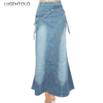 Lugentolo 2020 las Mujeres del Arte Retro de la Falda de la Costura de Gran Oscilación de cola de pescado de la Moda Denim Falda de la Nueva Señora de Larga Casual Falda