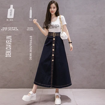 Corea Moda Botón Larga de las Mujeres de la Falda Con Cinturón de Otoño 2020 Una Línea Sola Botonadura Bolsillos Slim Falda de Mezclilla Ropa de Fondos
