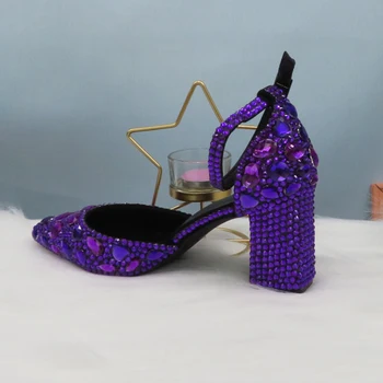 Púrpura de Cristal de Verano Sandalias de la correa del tobillo de la Moda de la boda zapatos de mujer Punta del dedo del pie de Alto de Tacón Grueso con Hebilla de Zapatos de 2020 Nuevo