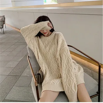 La moda de las mujeres del suéter de 2020 el otoño y el invierno nuevo toque retro perezoso viento grueso suéter flojo de cobertura de lana de punto de la falda