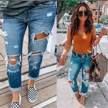 Cintura alta 2020 las Mujeres de la Moda de los pantalones Vaqueros de la Calle de Estilo Casual Angustiado Agujero Recto Jeans para Damas