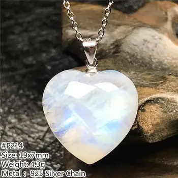 Natural de color Azul de la Luz de piedra de Luna Colgante de Corazón Collar Para las Mujeres Dama Hombre Cadenas de Plata 19x7mm Perlas de Cristal de la piedra preciosa de la Joyería AAAAA