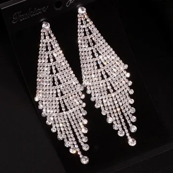 De lujo de diamantes de imitación de Cristal de Larga Borla Pendientes para las Mujeres Grandes de la Gota Cuelgan de la Boda de Novia de los Pendientes de la Boda Accesorios de la Joyería E1748