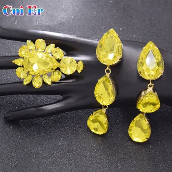 3pcs/set amarillo Brillante, aretes y anillos ajustables de conjuntos de diamantes de imitación de decoraciones para las mujeres, las niñas sistema de la joyería nupcial