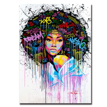 OUCAG Graffiti Pelo Afro de las Mujeres de la Lona de Pintura Imprime mujer Moderna sin enmarcar, Arte de la Pared Cartel Y Estampados Gráfico de la Decoración del Hogar
