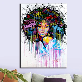 OUCAG Graffiti Pelo Afro de las Mujeres de la Lona de Pintura Imprime mujer Moderna sin enmarcar, Arte de la Pared Cartel Y Estampados Gráfico de la Decoración del Hogar