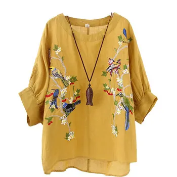 F&je Verano de la Camiseta de las Mujeres Más el Tamaño de la Linterna de la Manga Suelta la Camiseta Mujer de algodón de lino flor de pájaro Bordado Vintage Tops HXJ06