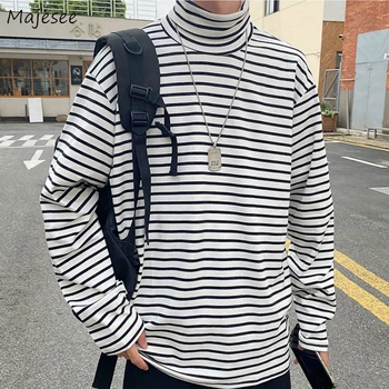 Los hombres de Manga Larga camisetas de Rayas de cuello de Tortuga de Ocio Chic Básicos de la Calle Alta de Complementos Retro Suelto XXL para Hombre Camisetas Estilo coreano de Moda