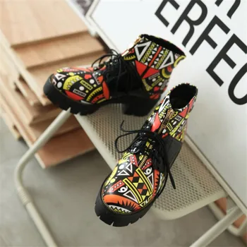 Hip-hop Estilo de zapatos de Tacón Alto Zapatos de Mujer de la PU de Cuero Suave de la Plataforma de Botas de cordones Sólidos Botas de Tobillo Puntera Redonda Graffiti MAZIAO