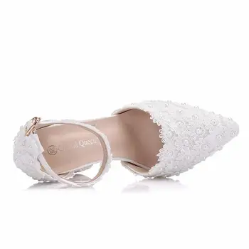 Moda Blanco De Flores De Encaje De Las Mujeres Zapatos De La Boda De Pulsera De Novia Zapatos De Una Palabra Hebilla Fina Talones De Las Bombas De Las Señoras Zapatos De Tacón Alto Sandalias