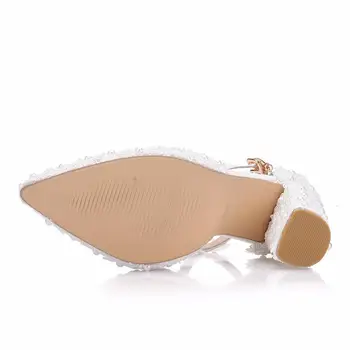 Moda Blanco De Flores De Encaje De Las Mujeres Zapatos De La Boda De Pulsera De Novia Zapatos De Una Palabra Hebilla Fina Talones De Las Bombas De Las Señoras Zapatos De Tacón Alto Sandalias