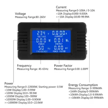 6in1 Digital de la CA de 80~260V Poder Monitor de Energía de Corriente de Voltaje KWh Watt Meter 100 10A