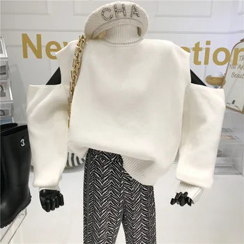 Diseño de sentido fuera del hombro de cuello alto suéter de las Mujeres Otoño/Invierno 2020 manga Larga Holgado de color sólido de Jersey de punto camisa